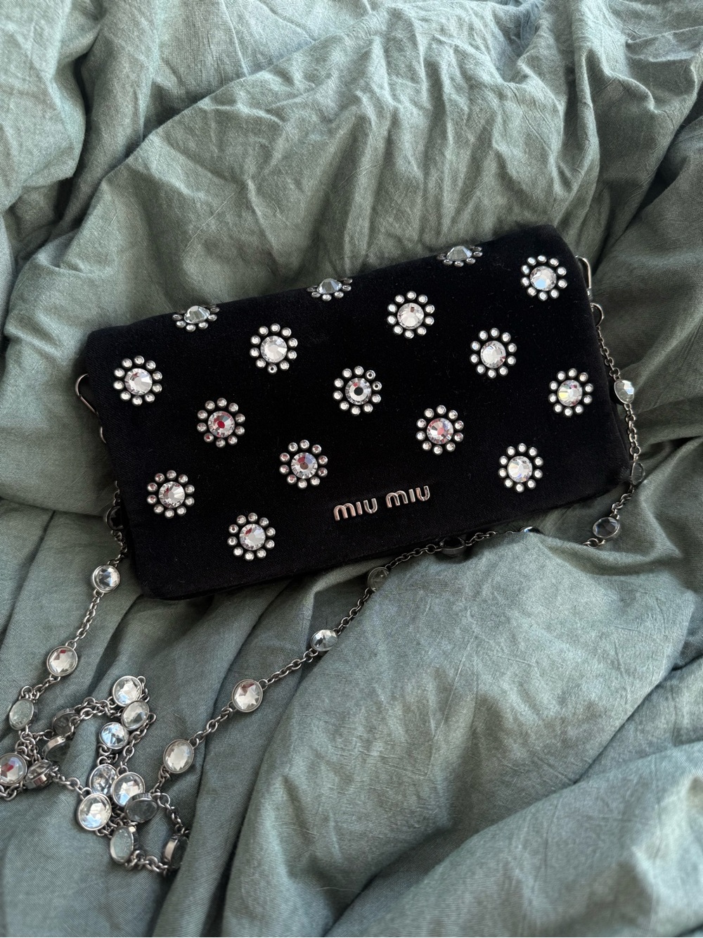 Miu Miu Black Velvet Crossbody with Crystal Floral Studs
